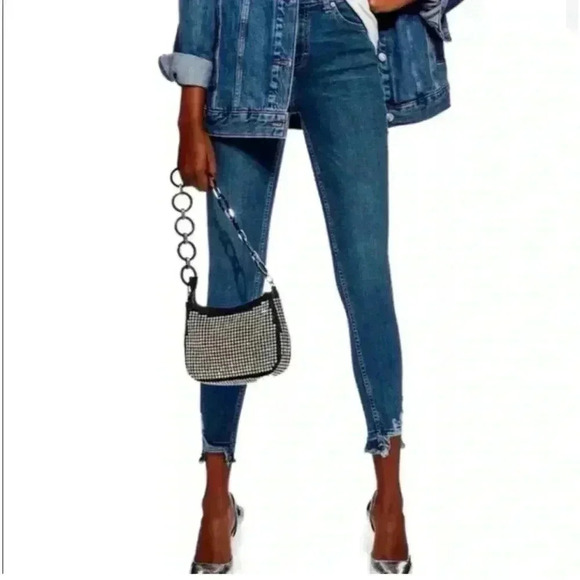 Topshop Jamie High Waisted Skinny Jeans Ankle Cropped Jagged  Hem Blue Size 26 - Picture 1 of 16